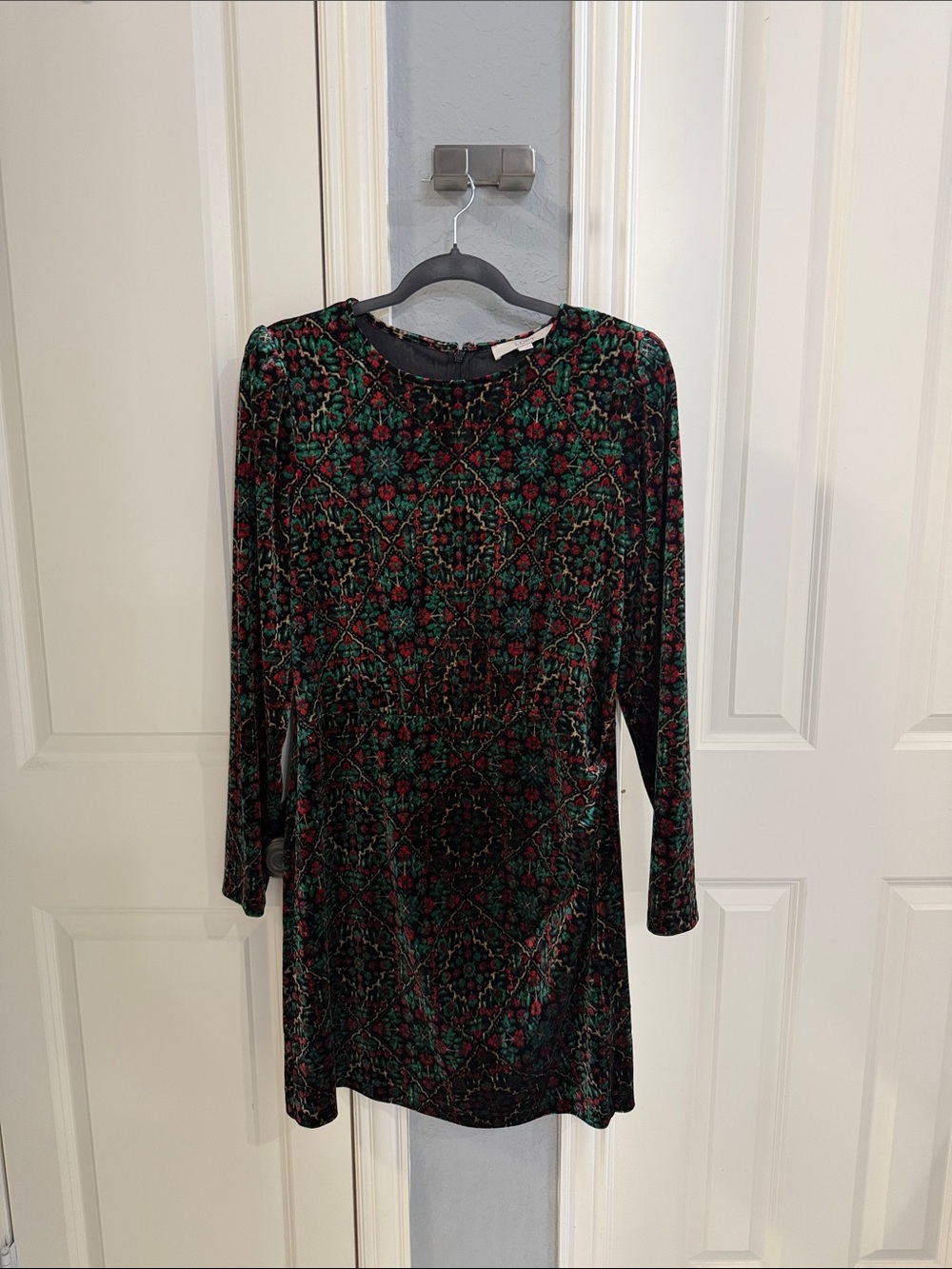 LOFT Velvet Long-Sleeve Dress in Green and Red Floral Pattern